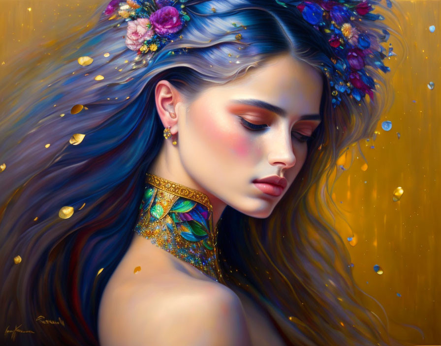 Colorful Floral Headpiece and Jeweled Choker in Digital Art