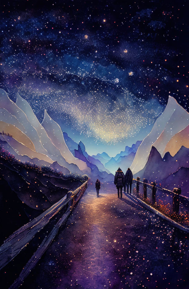 Starry night sky over mountain landscape with two figures on wooden bridge