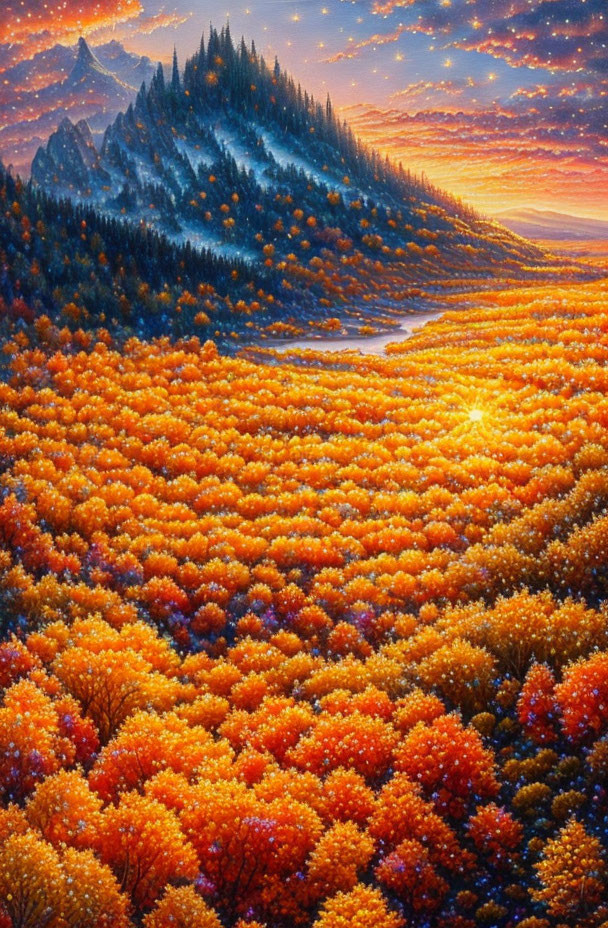 Autumn forest painting with sunset sky and mountain view