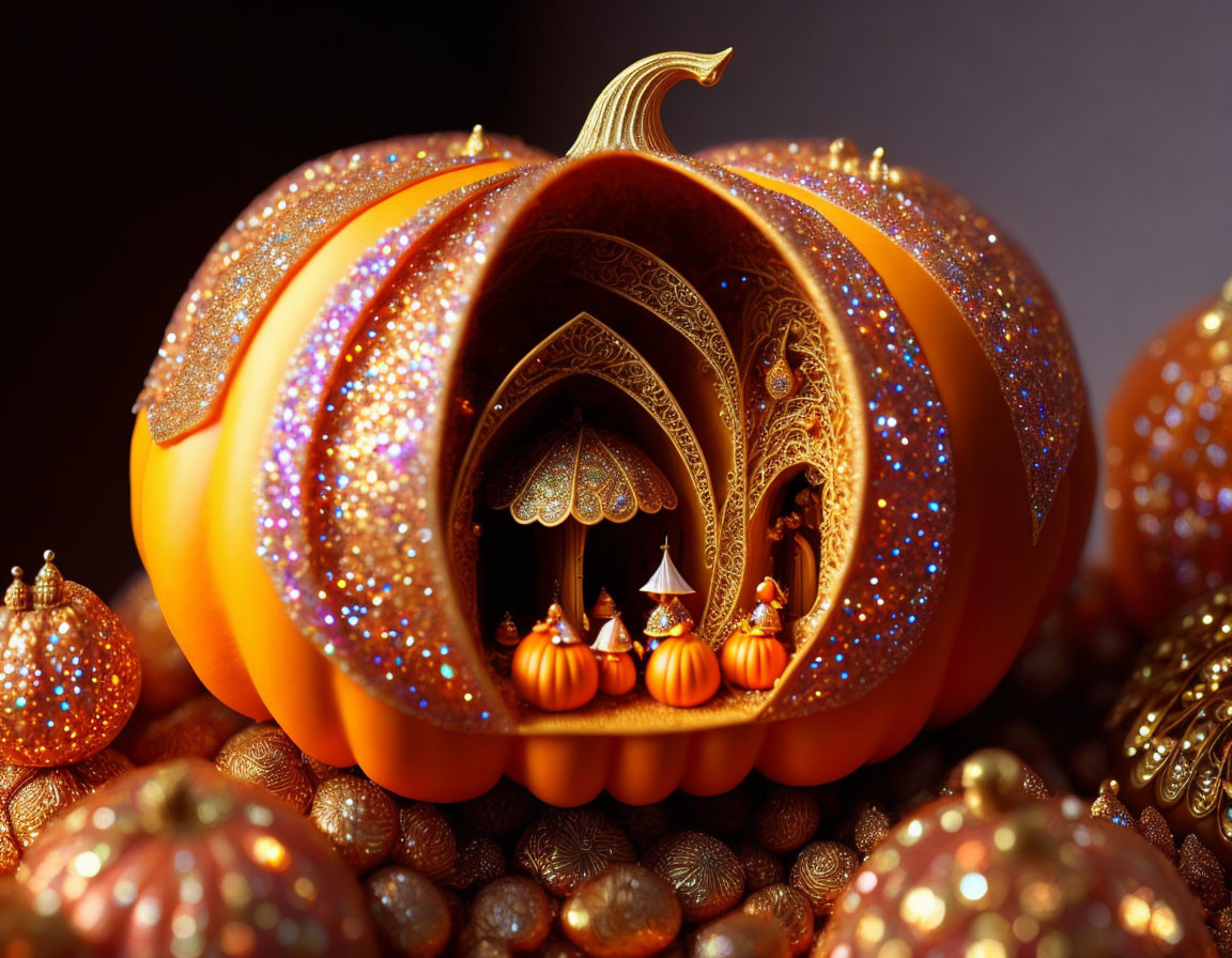 Ornamental Pumpkin with Intricate Carvings and Beads Depicting Miniature Palace Scene