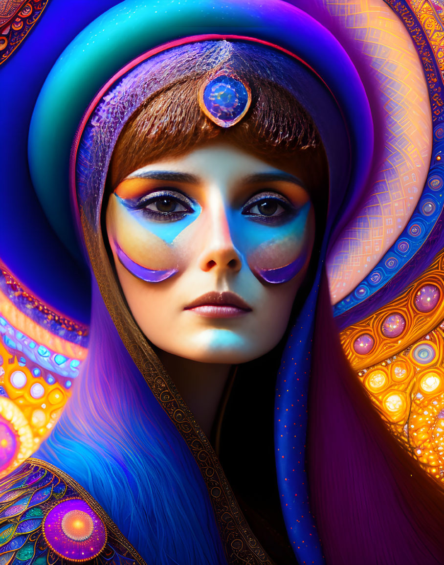 Colorful portrait with fantasy makeup and blue hair on psychedelic backdrop