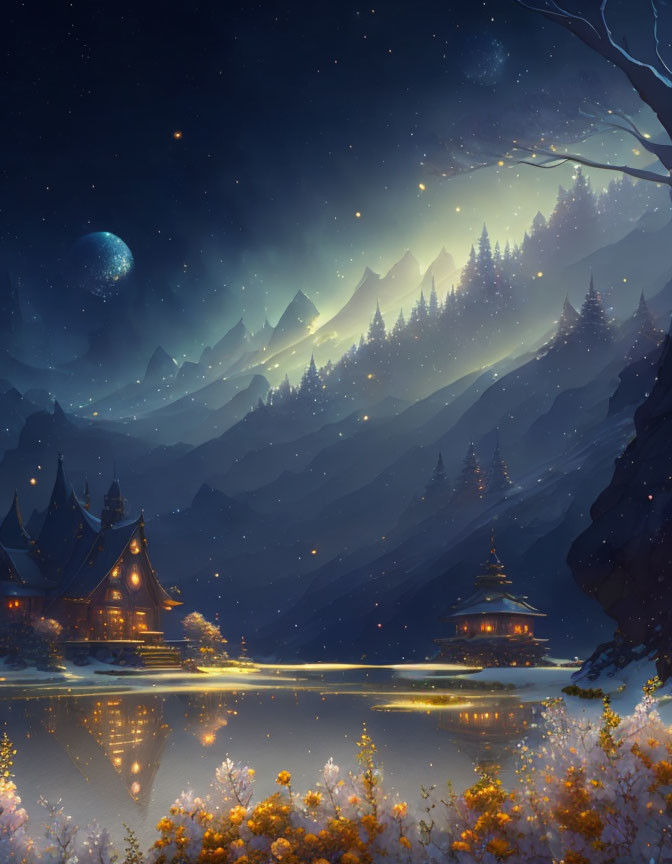 Nighttime landscape: illuminated houses, lake, mountains, starry sky, flowers.