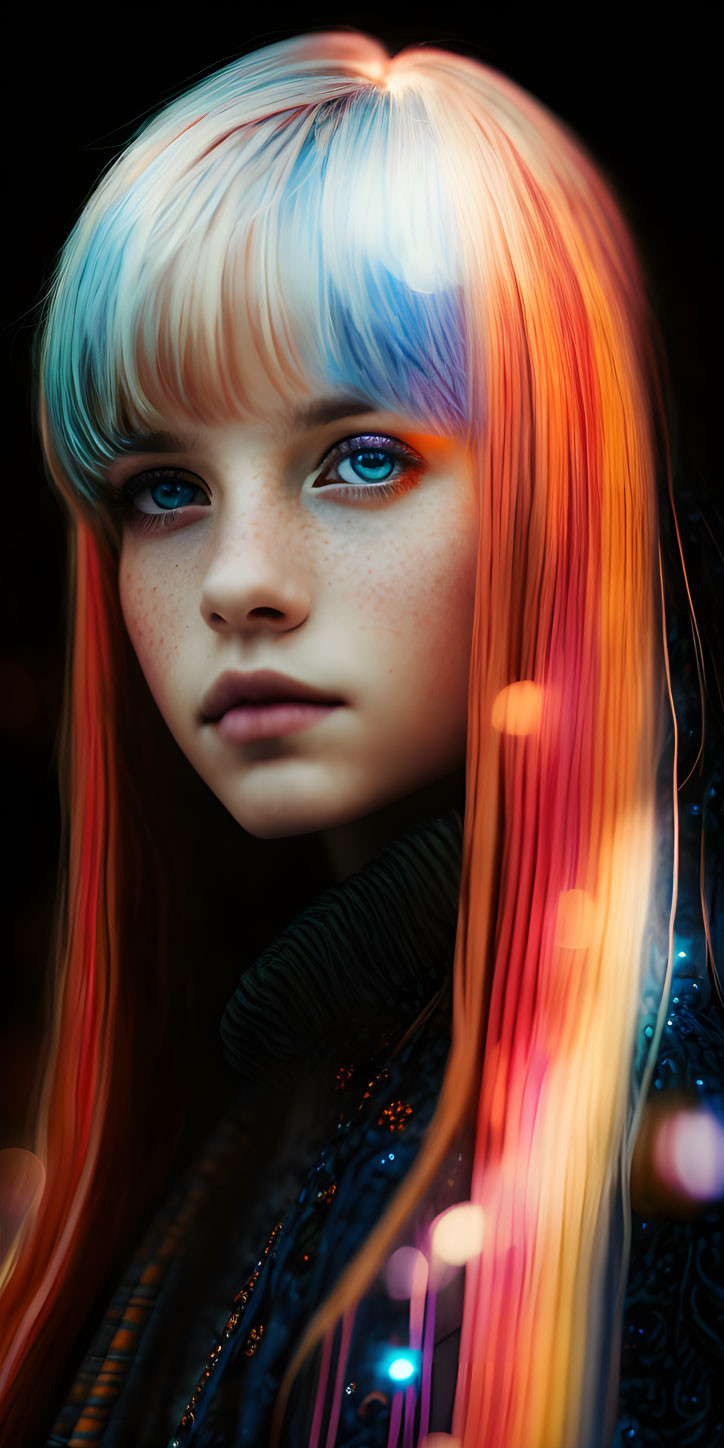 Portrait of girl with rainbow hair and blue eyes in bokeh light against dark background