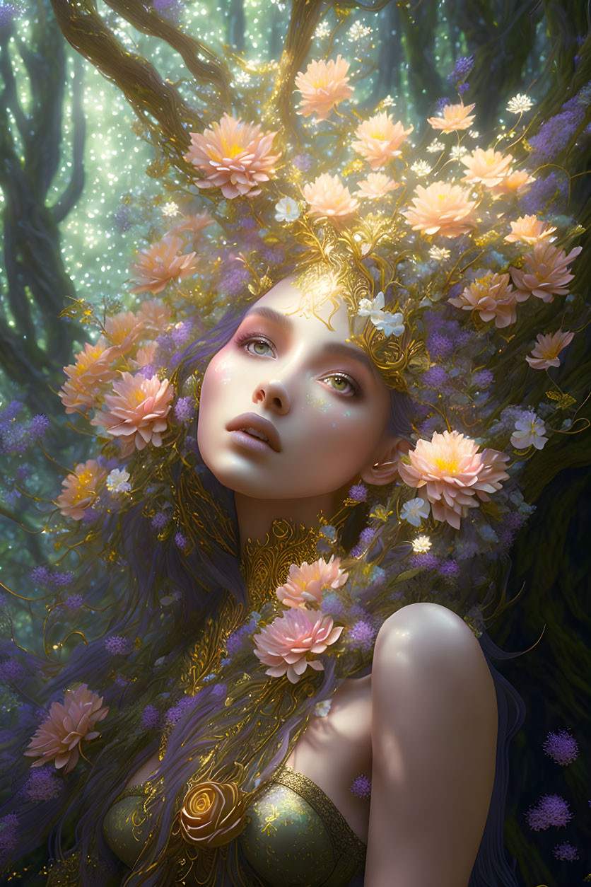 Fantasy illustration: Woman with floral headdress and golden adornments in lush greenery.