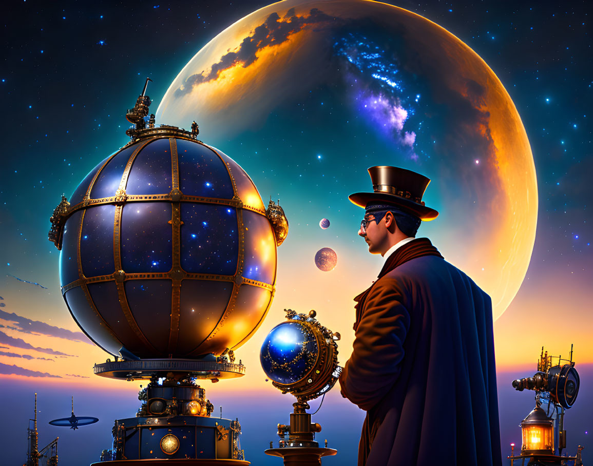 Person in top hat and coat gazes at celestial globe in fantastical landscape