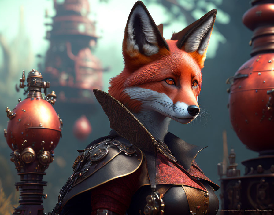 Detailed anthropomorphic fox in ornate armor on fantasy-steampunk backdrop