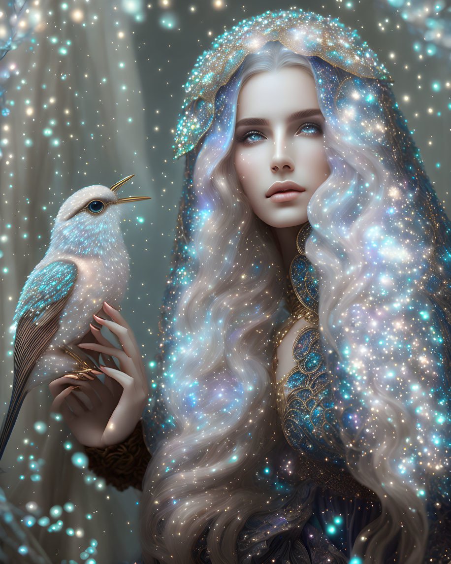 Fantastical image of woman with starry hair and bird in hand under twinkling lights