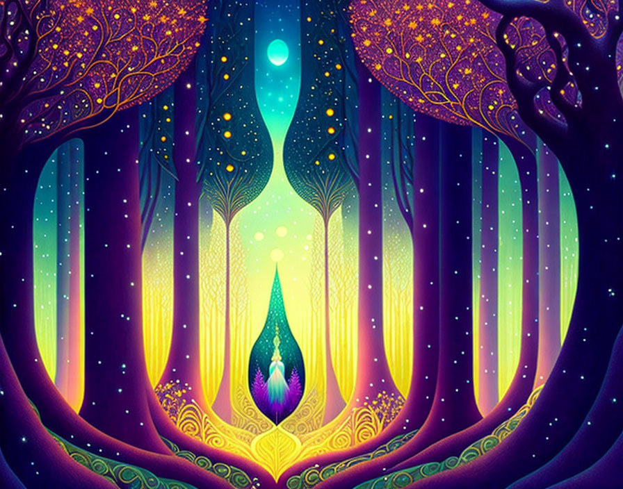 Vibrant enchanted forest with tear-shaped portal and starry sky