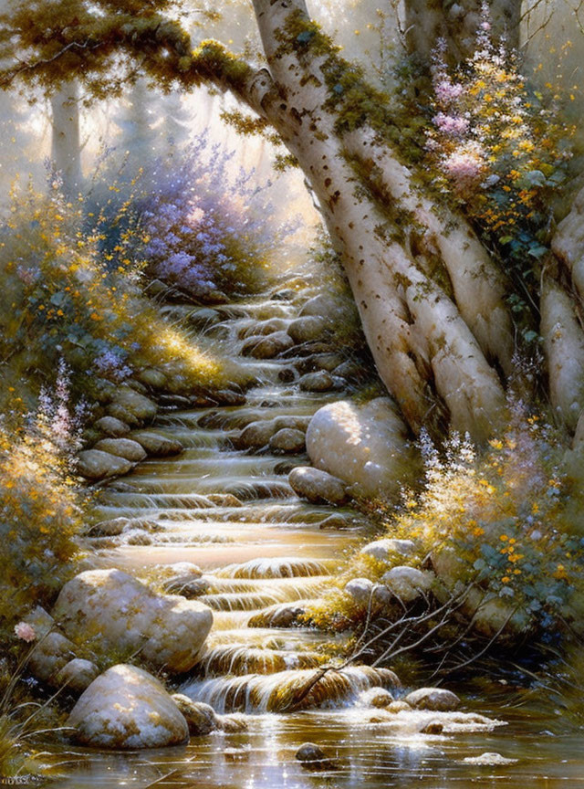 Sunlit cascade flows through fantasy woodland with magical ambiance