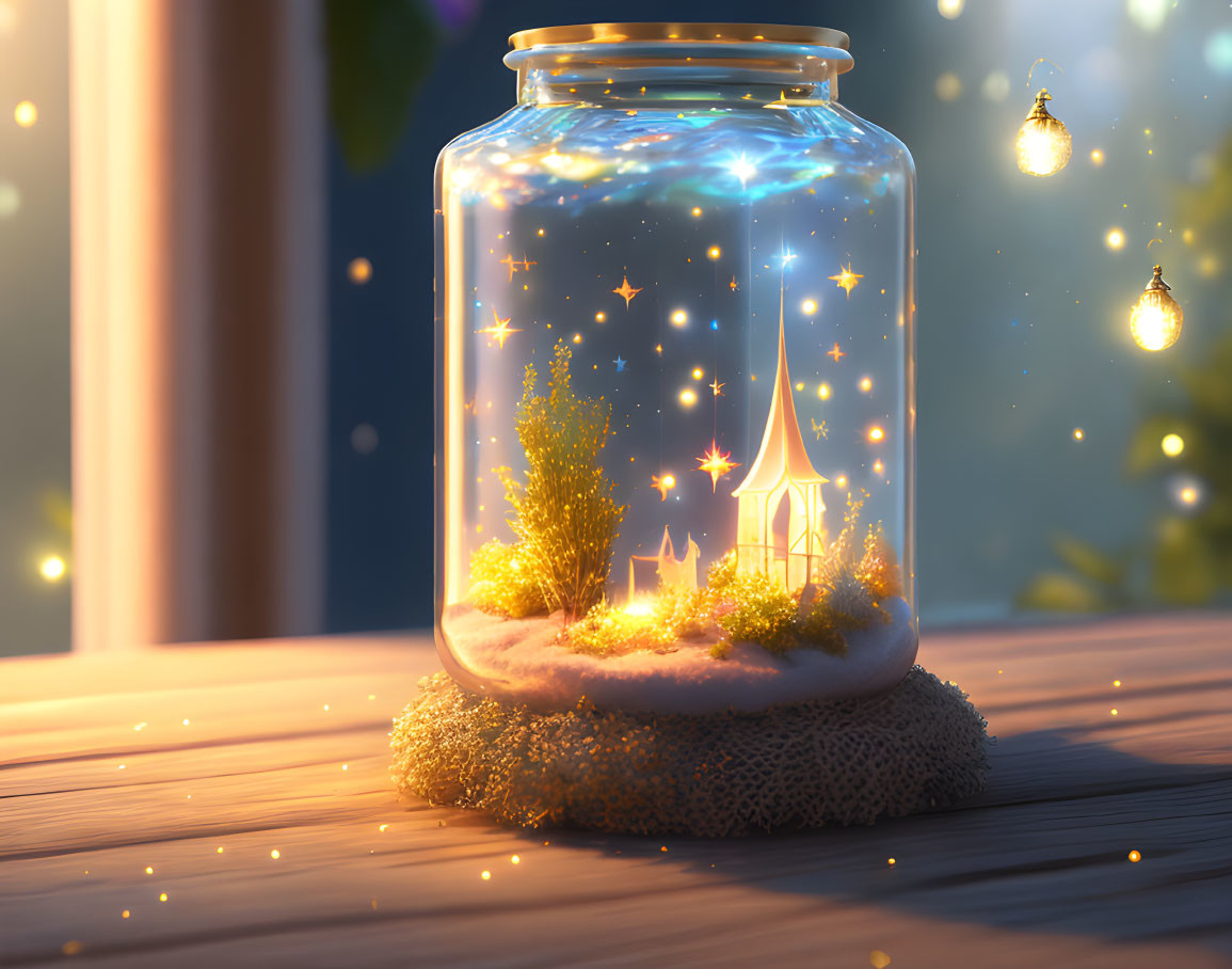 Miniature glowing house and trees in glass jar with stardust and light bulbs in twilight.