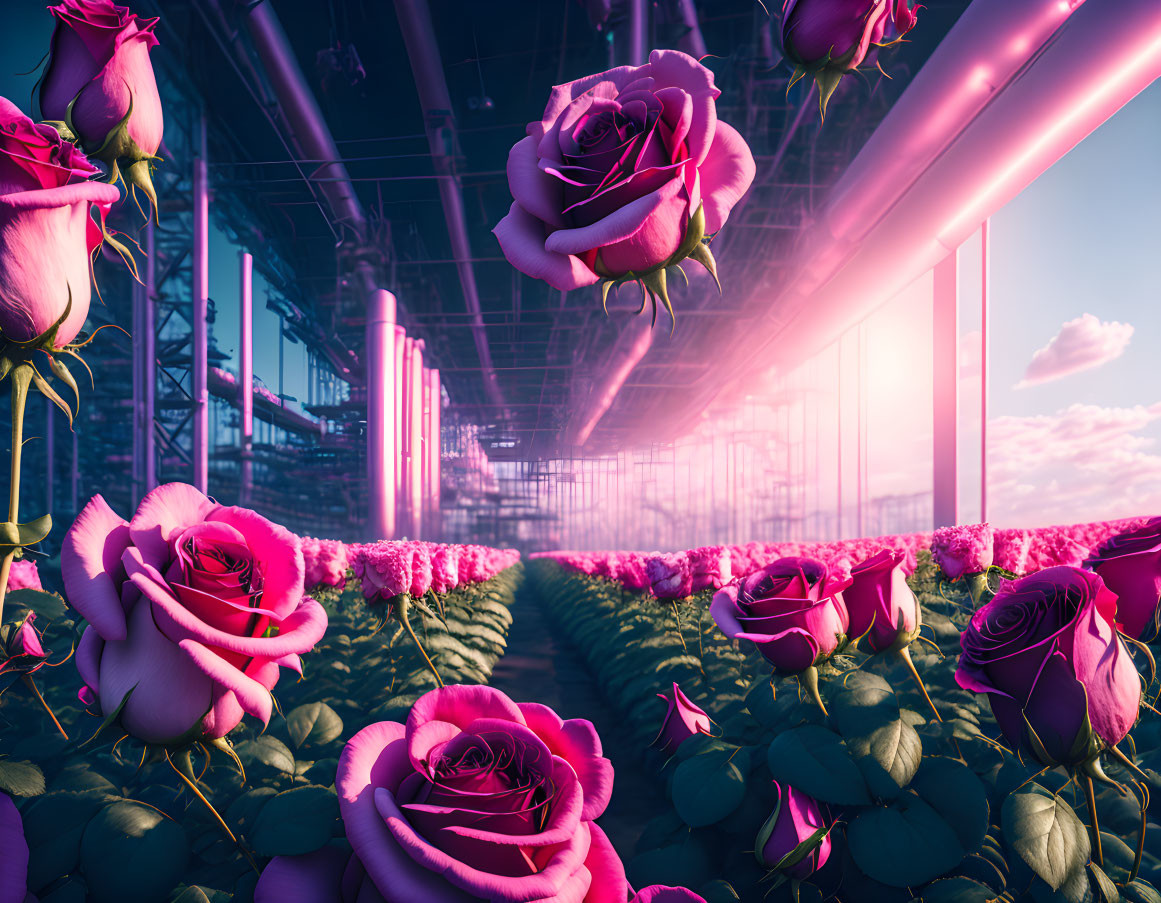 Futuristic greenhouse with pink roses under pink sky at sunrise.