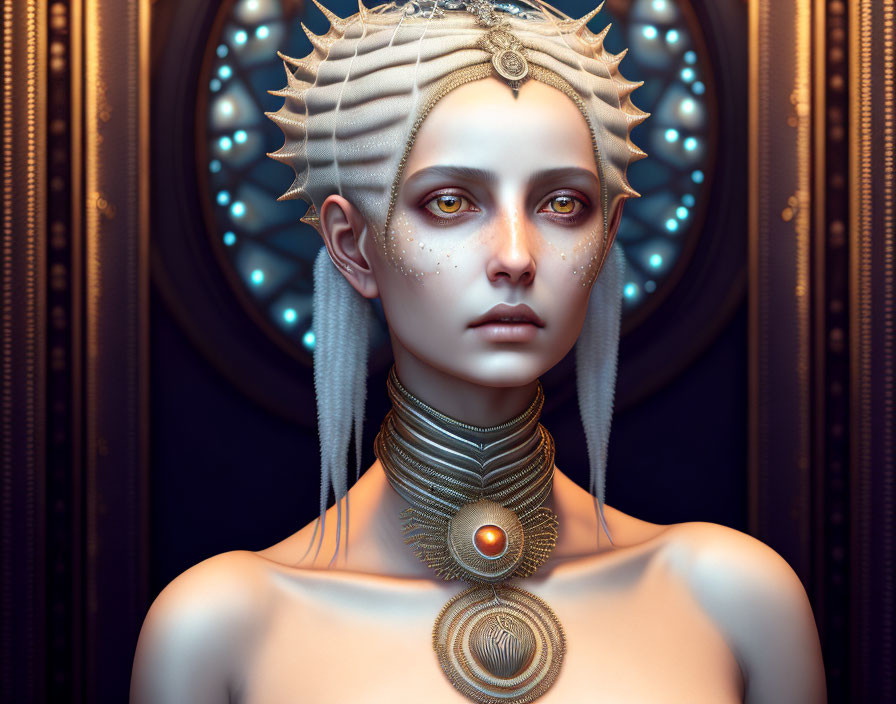 Pale-skinned figure with celestial crown & golden jewelry on dark background