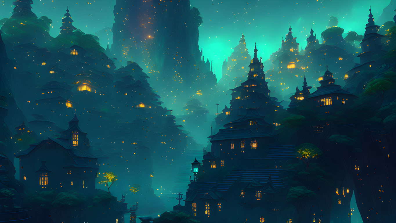 Fantasy village on forested mountain under starry sky