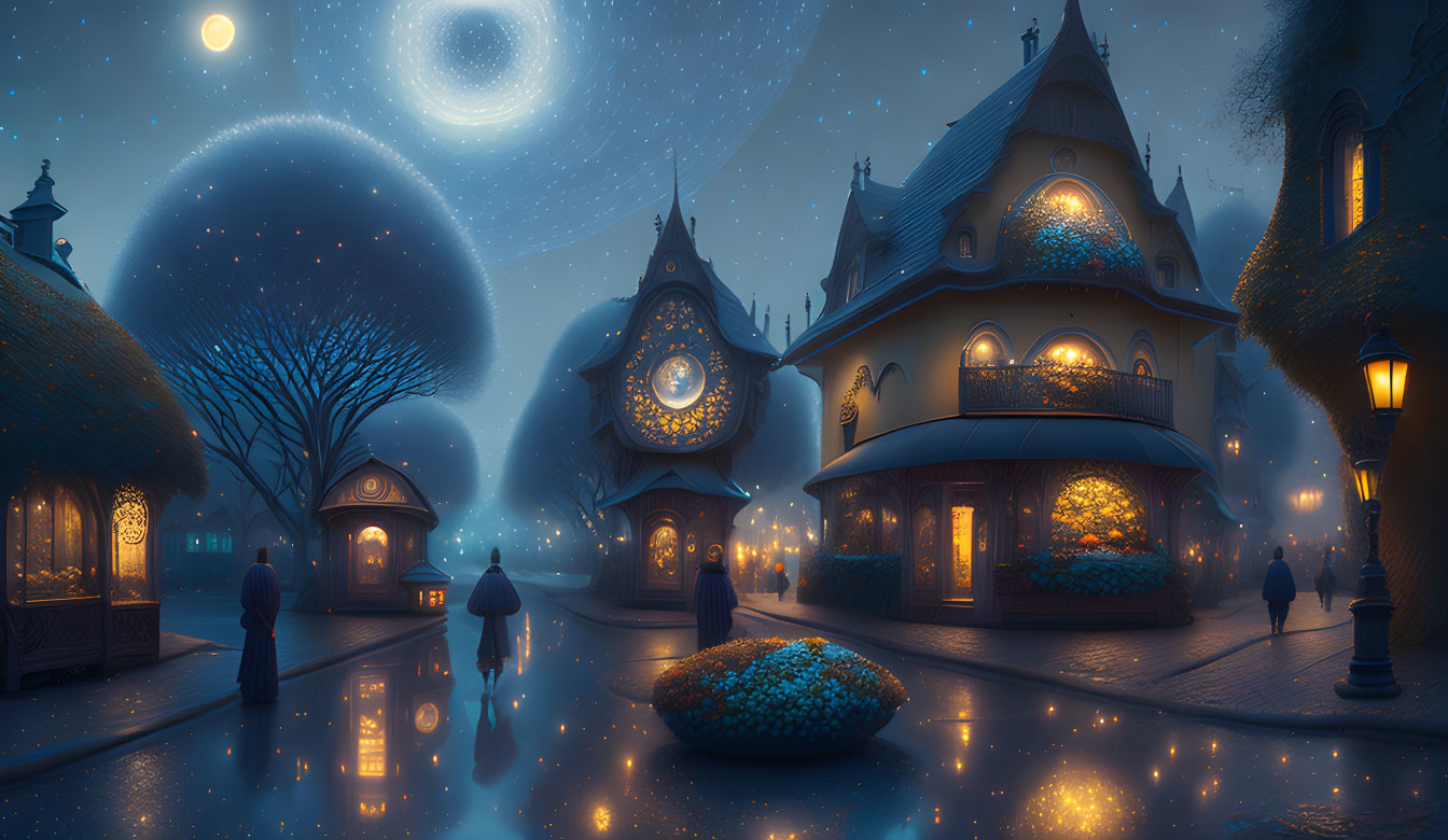 Cozy illuminated houses on cobblestone path under starry sky