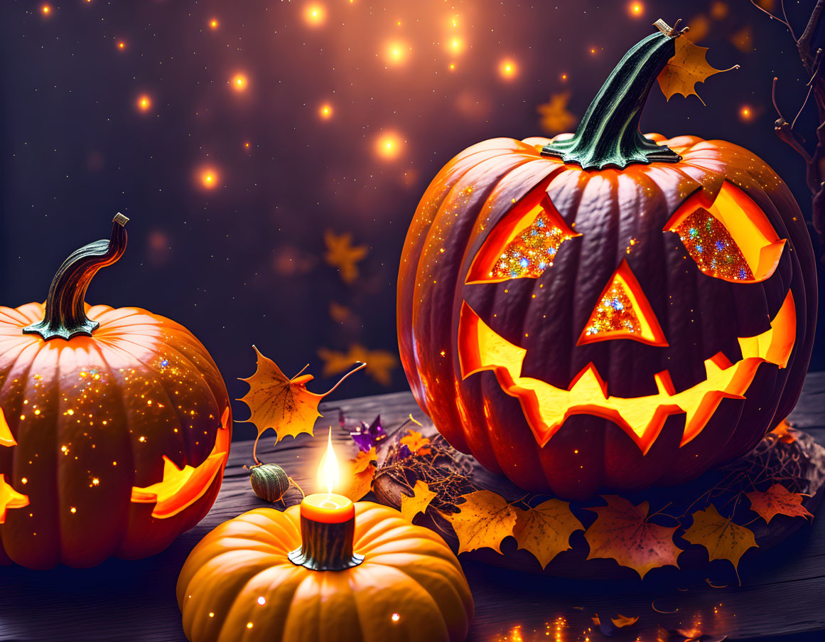 Jack-o'-lanterns, autumn leaves, candles, and lights on dark background