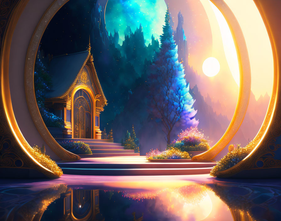 Fantasy twilight landscape with ornate gateway, glowing flowers, quaint house, trees, surreal starry