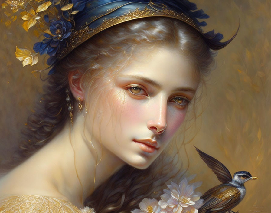 Woman with delicate features in golden jewelry holding a bird against warm backdrop