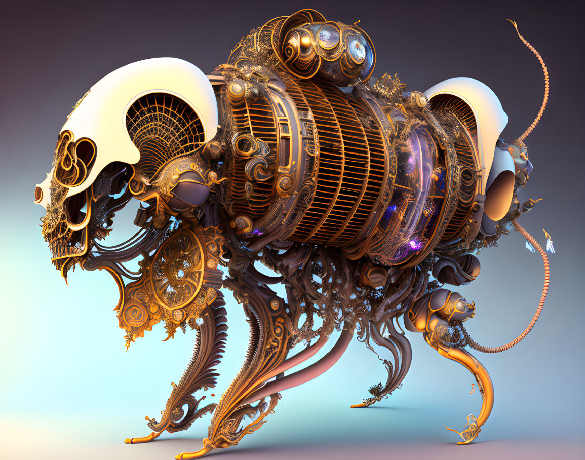 Steampunk-style skull with intricate mechanical parts on soft background