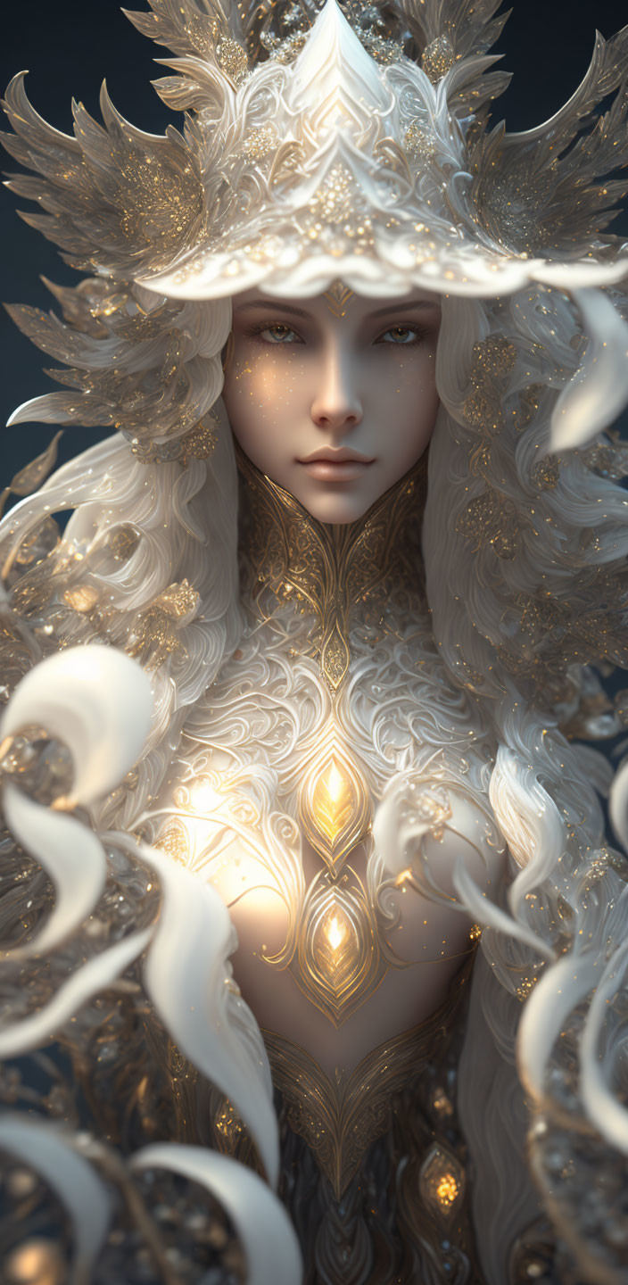 Elaborate White and Gold Armor Fantasy Female Character Portrait