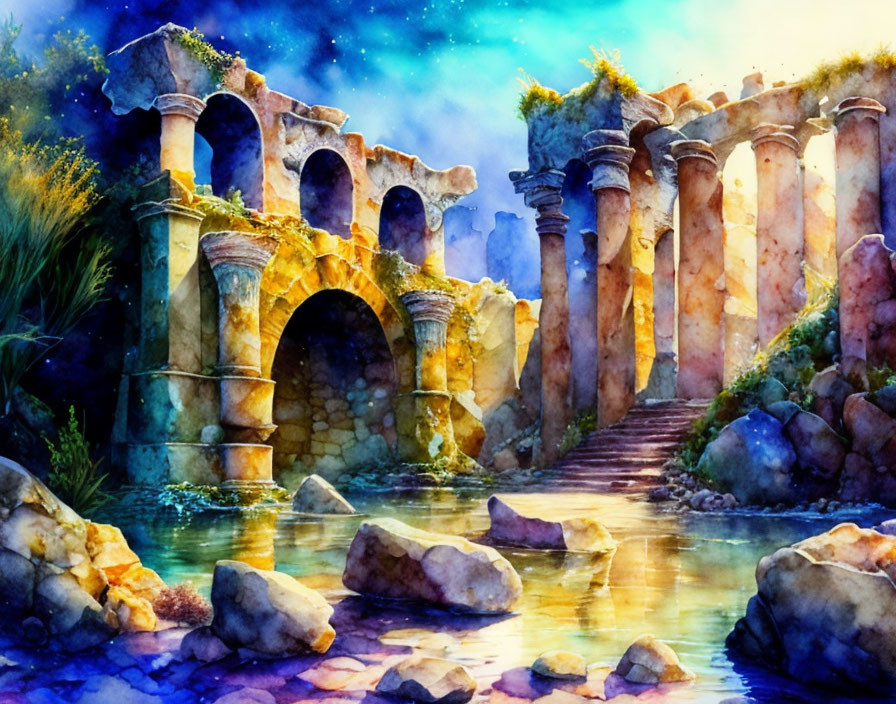 Ancient stone bridge watercolor painting at twilight