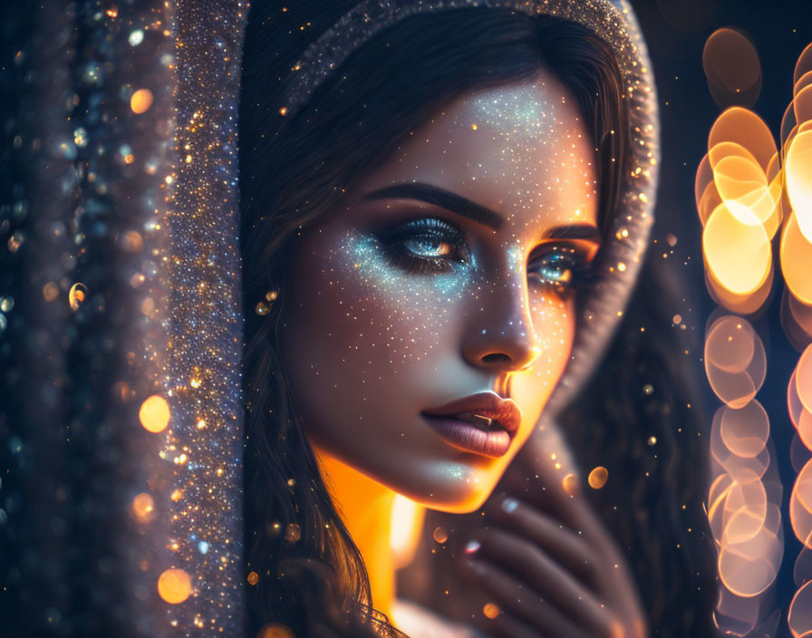 Sparkly makeup woman in magical bokeh lights.