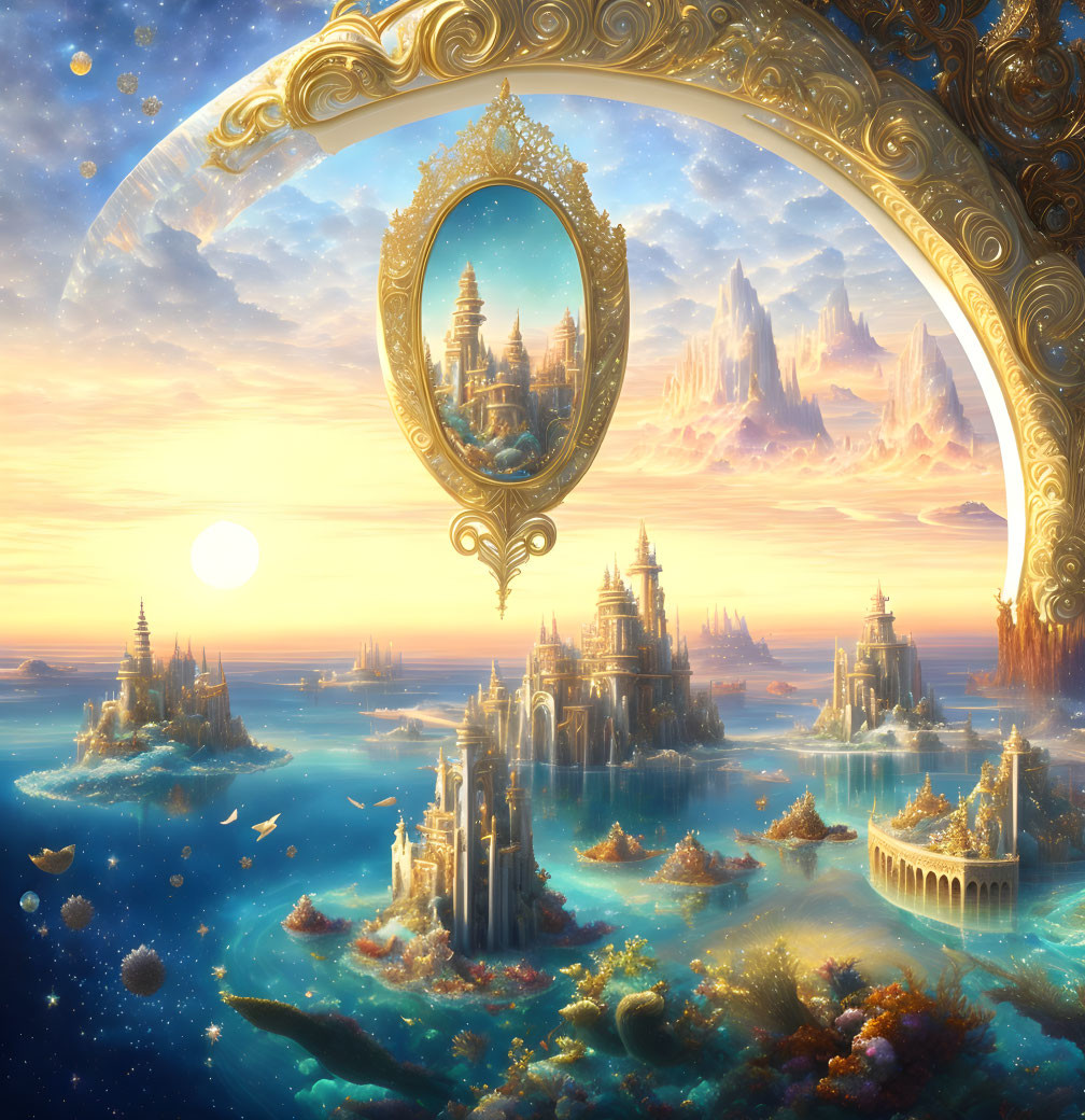 Fantastical landscape with golden arches, castle, sunset, sea, islands, and ships