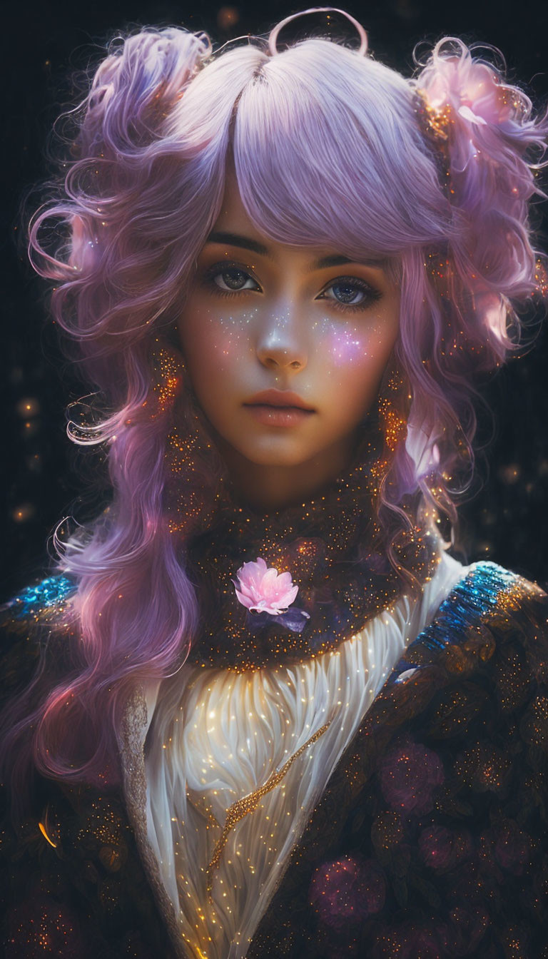 Violet-haired character with starry cheeks and dark, gold-accented garment