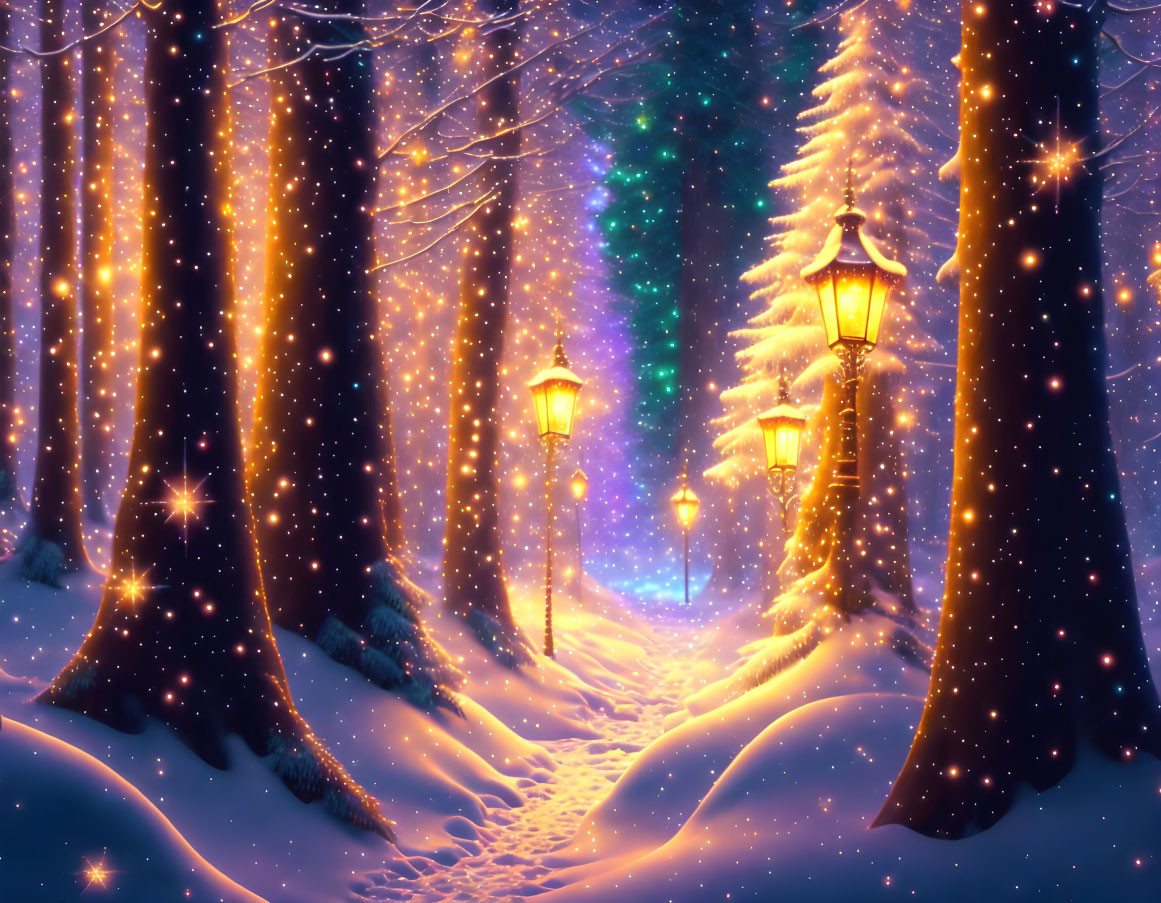 Enchanting Snowy Forest Pathway with Glowing Lanterns