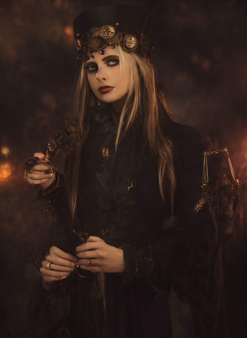 Elaborate steampunk attire with gear-adorned hat and timepiece against dark backdrop