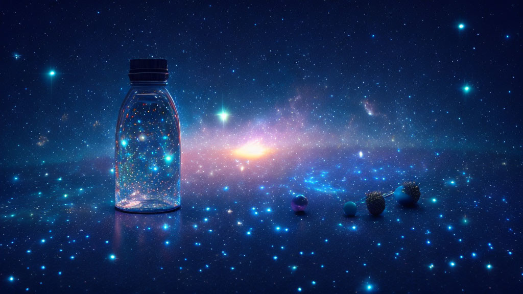 Transparent bottle with sparkling lights, planets, and cosmic backdrop in surreal still life.