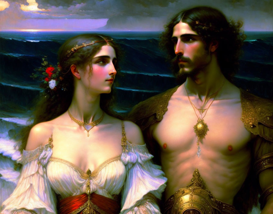 Historical attire man and woman with ocean waves background