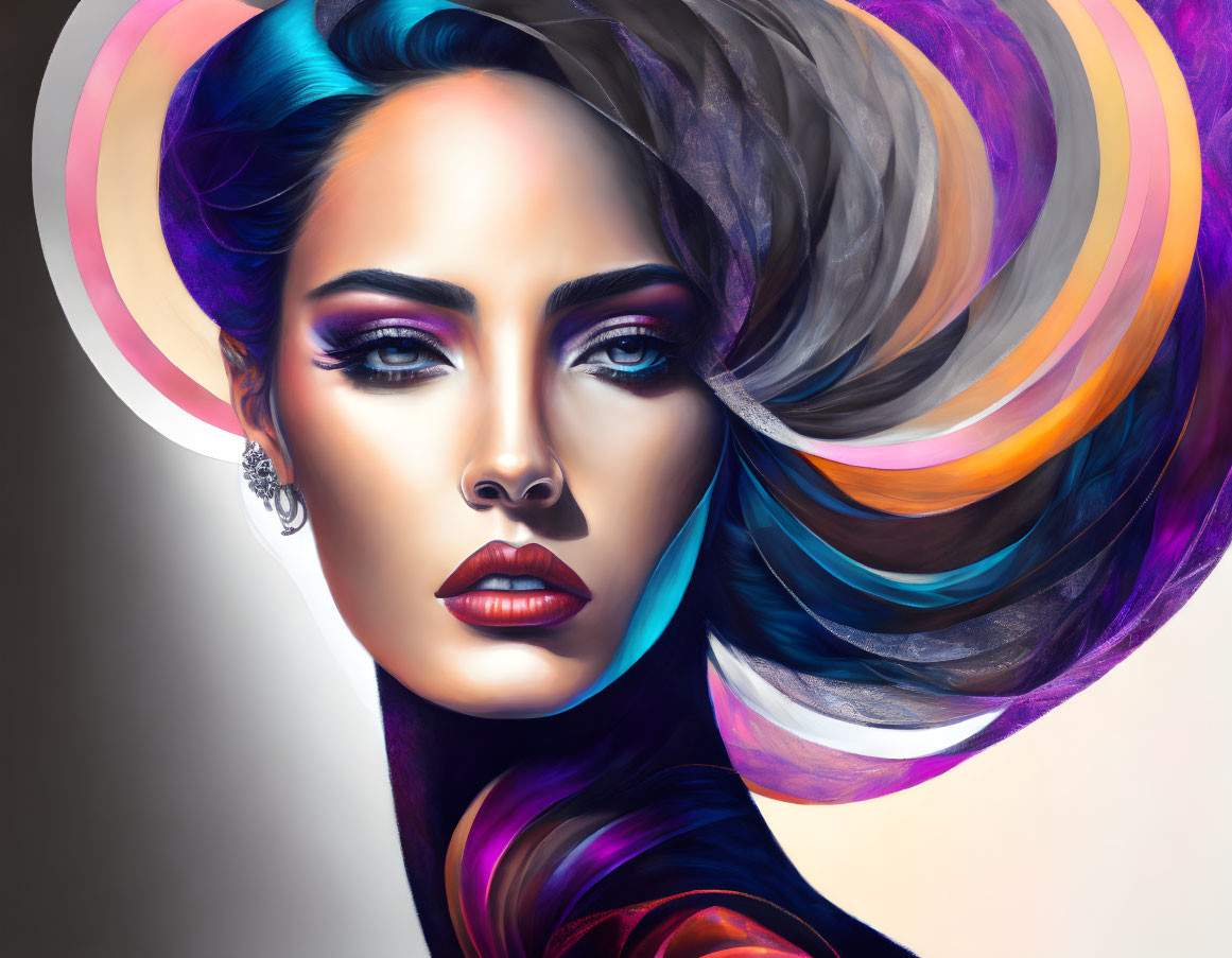 Colorful digital portrait of a woman with vibrant, swirling hair and bold makeup.