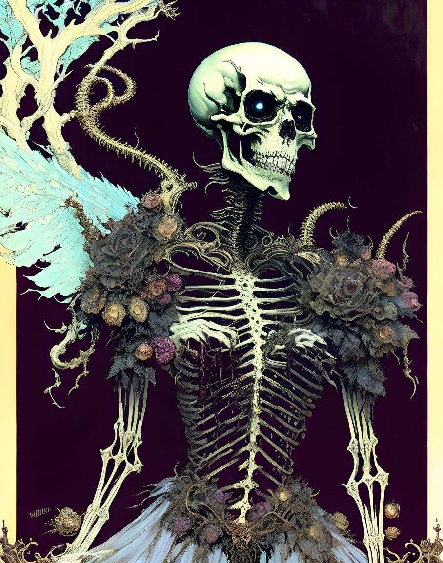 Human skeleton with oversized skull, flowers, and blue wings on dark background