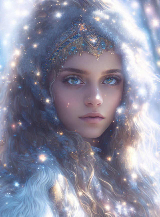 Portrait of a young woman with blue eyes in star-lit hood and jeweled headpiece