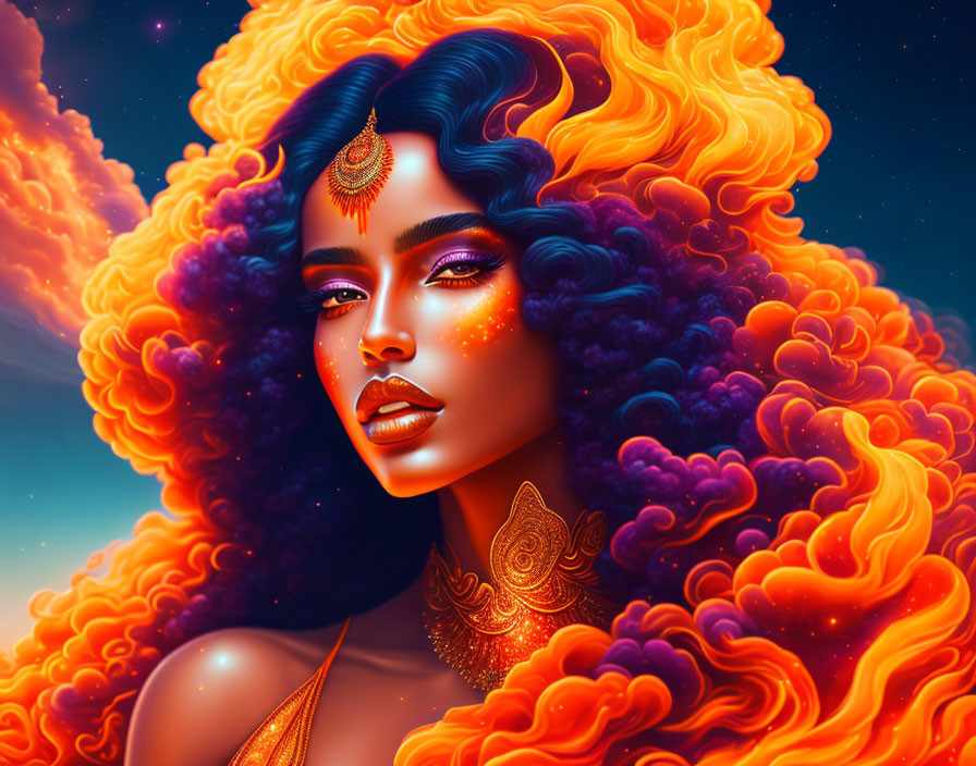 Vibrant digital artwork: Woman with fiery orange hair, golden makeup, cosmic background