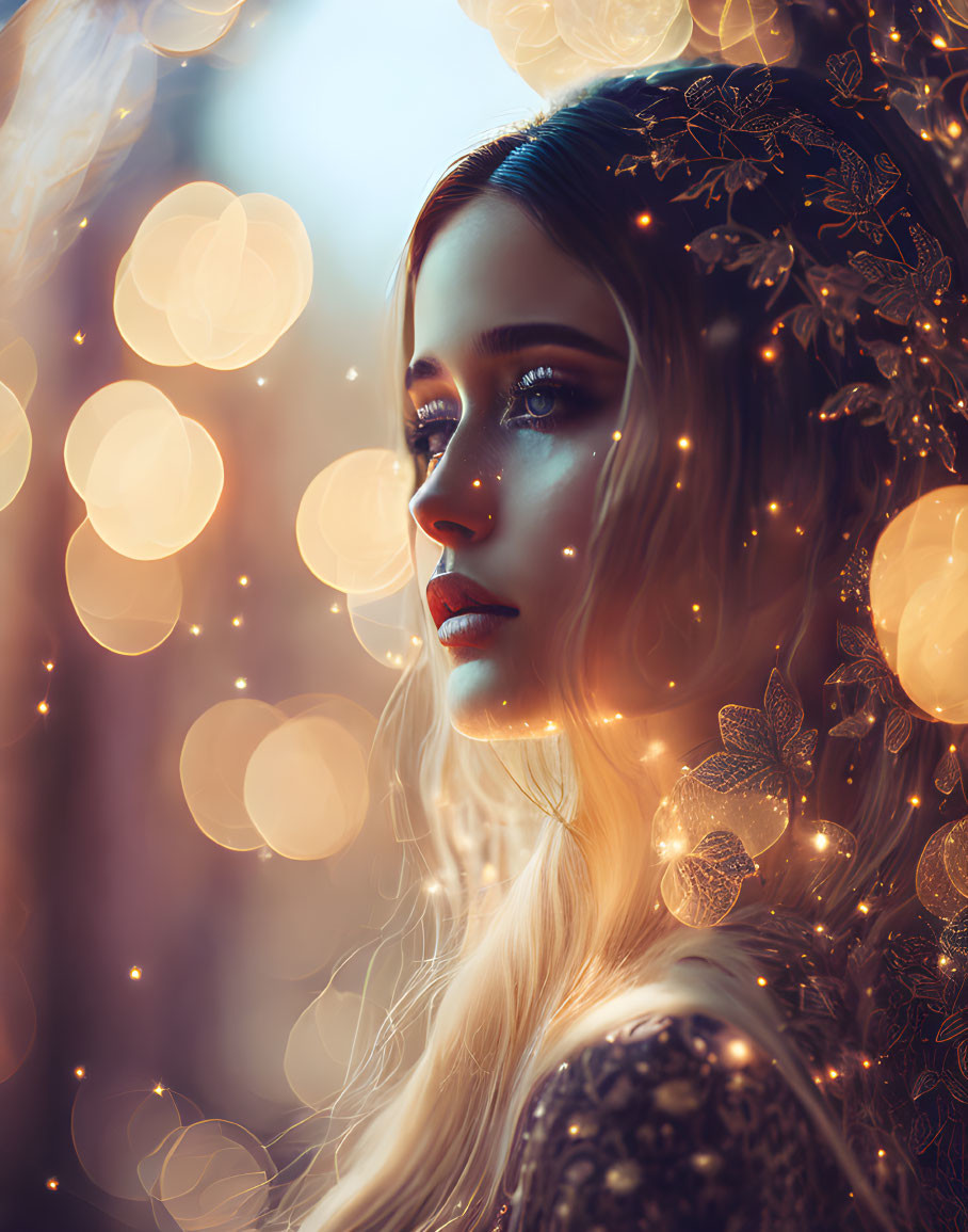 Woman with Elaborate Hair Decorations in Dreamy Profile Shot