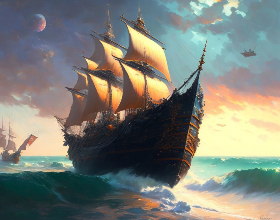 Tall ship with full sails in turbulent seas at sunset