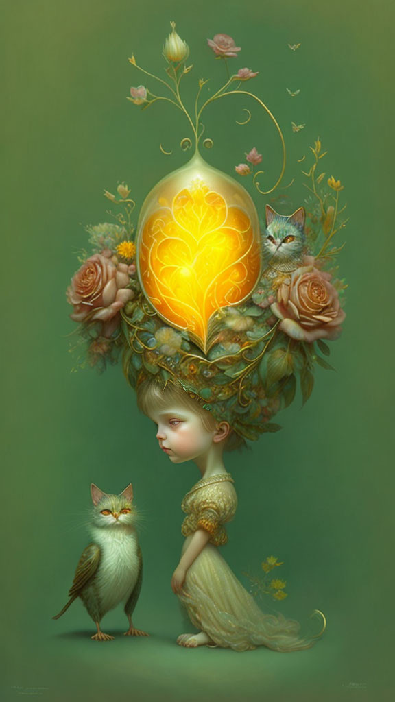 Child with ornate crown and glowing orb, surrounded by floral vines and mystical cats