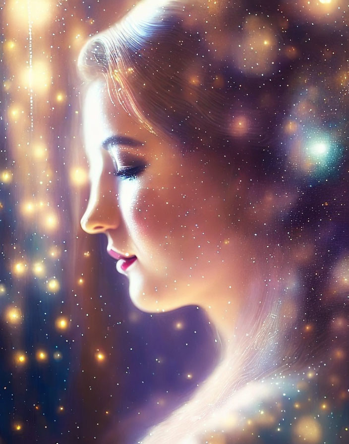 Woman's profile against cosmic backdrop with soft glowing light and twinkling stars.