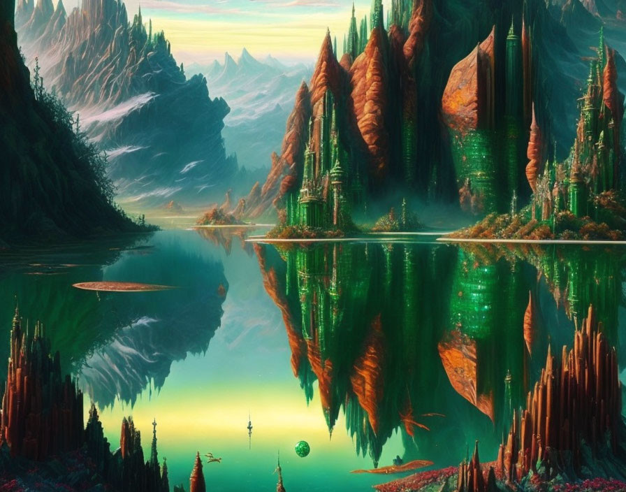 Fantastical landscape with towering spire-like trees and tranquil lake