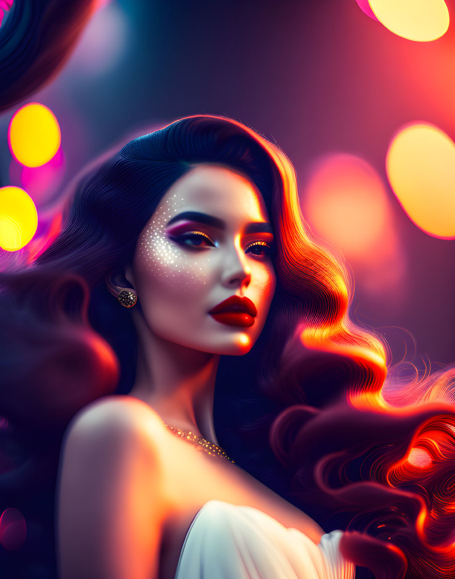 Vibrant digital artwork: Woman with flowing hair and glitter makeup against bokeh light orbs.