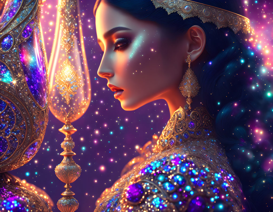 Woman with sparkling makeup and golden jewelry against cosmic background with ornate lamp