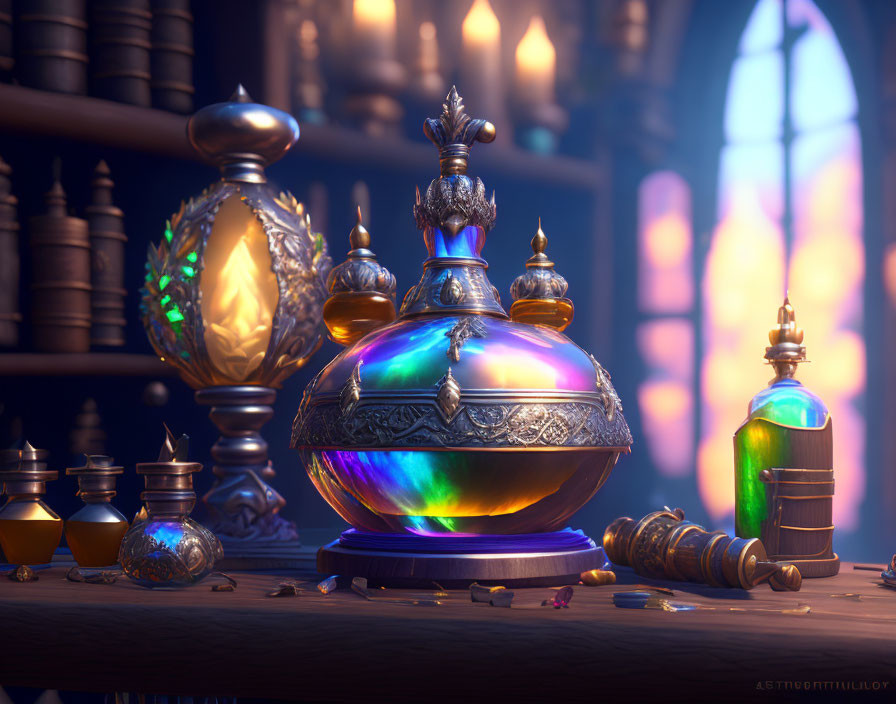 Colorful ornate bottle surrounded by smaller bottles, vials, and candles in a fantasy-themed still