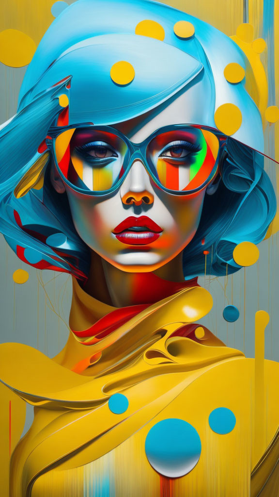 Colorful digital artwork featuring woman with multicolored glasses and abstract blue dots on skin, set against