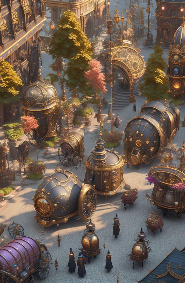 Victorian-style street with steampunk vehicles, ornate architecture, and bustling crowds.