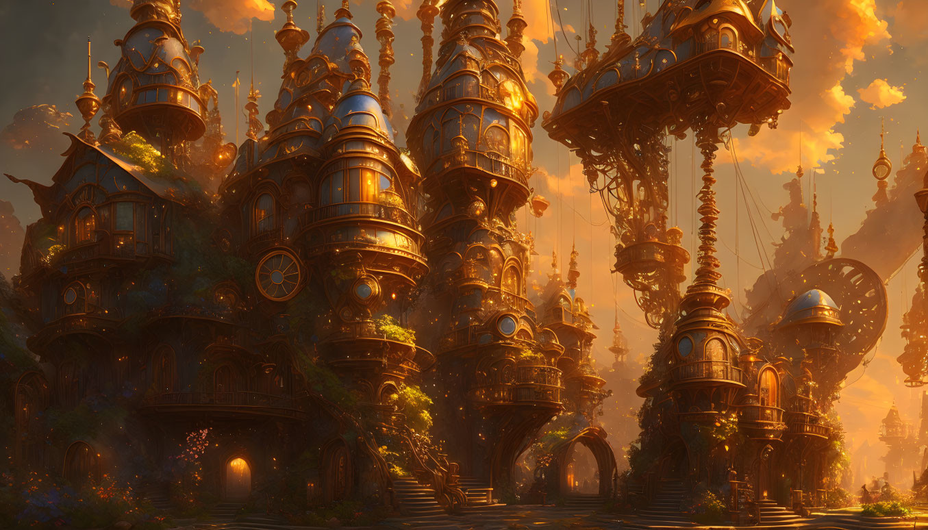 Fantastical cityscape at sunset with spired buildings, bridges, clocks, lanterns, and