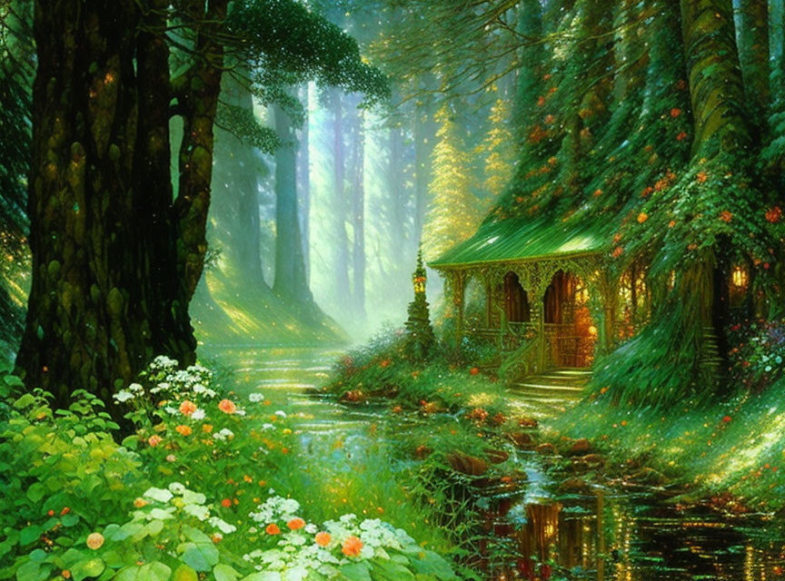 Tranquil forest with stream, flowers, sunbeams & gazebo