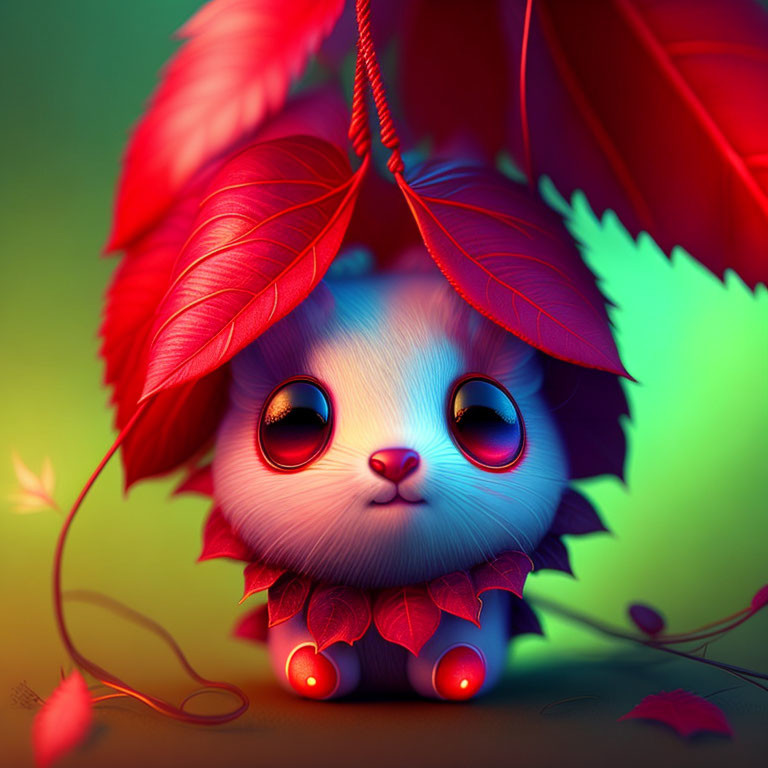 Blue kitten nestled under red autumn leaves in whimsical illustration