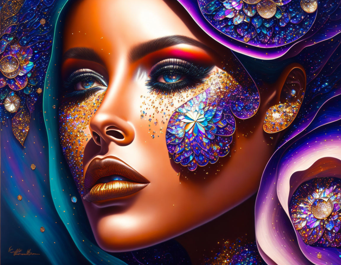 Colorful Glitter Makeup Portrait with Cosmic Motifs