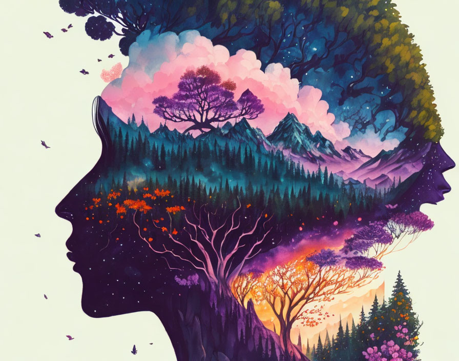 Colorful Human Profile Silhouette in Mountain Landscape